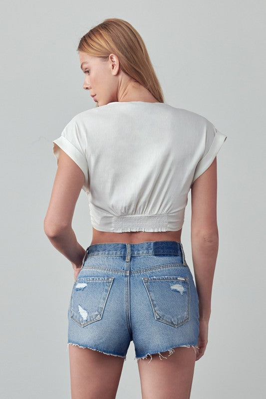 HIGH RISE DESTROYED DENIM SHORTS