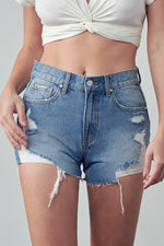 HIGH RISE DESTROYED DENIM SHORTS