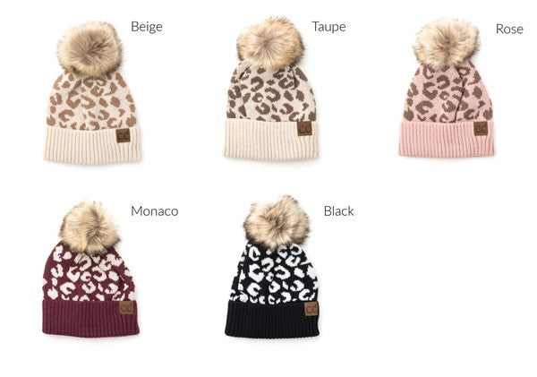 Leopard Fur Pom Beanie Winter Comfy