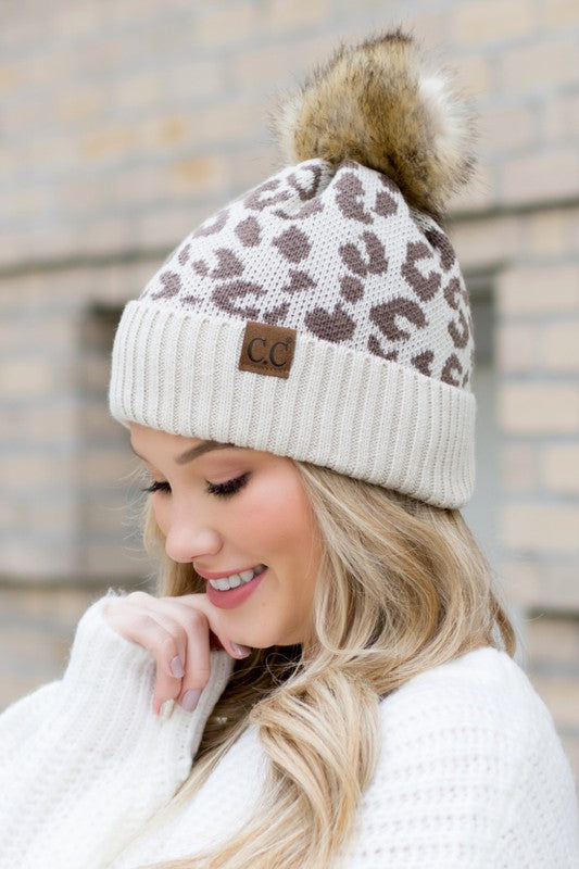 Leopard Fur Pom Beanie Winter Comfy