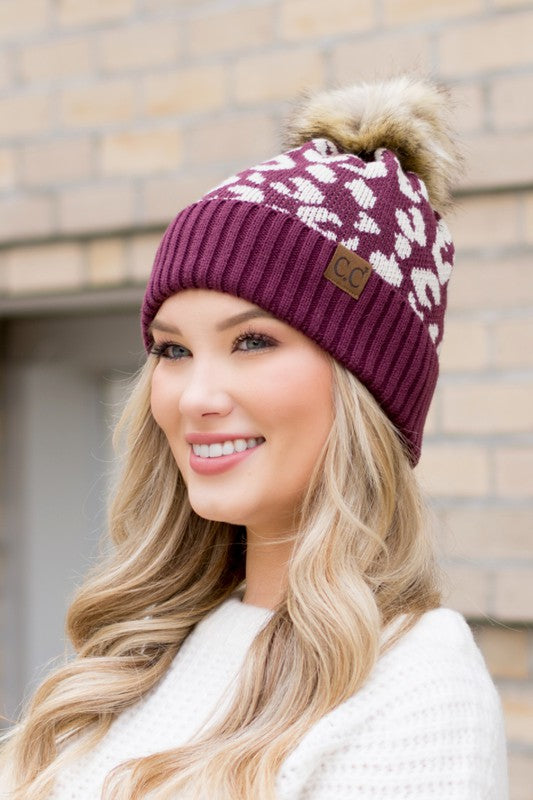 Leopard Fur Pom Beanie Winter Comfy