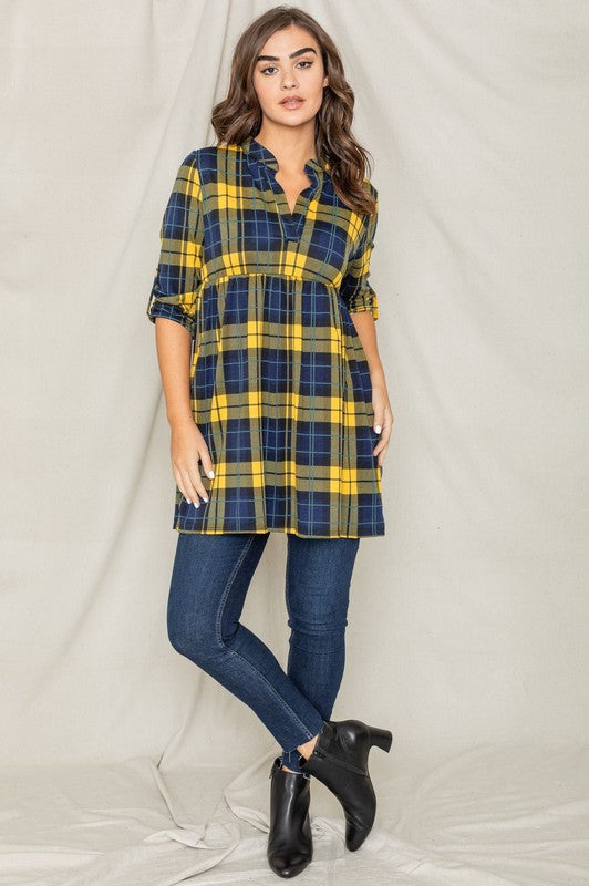 Plaid Empire Waist Tab Sleeve Tunic