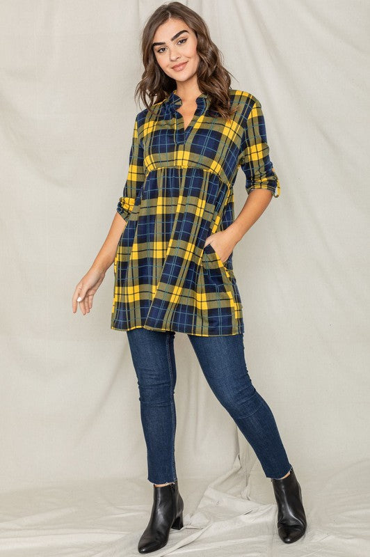 Plaid Empire Waist Tab Sleeve Tunic