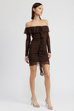 OFF SHOULDER MINI DRESS WITH RUFFLE DETAIL
