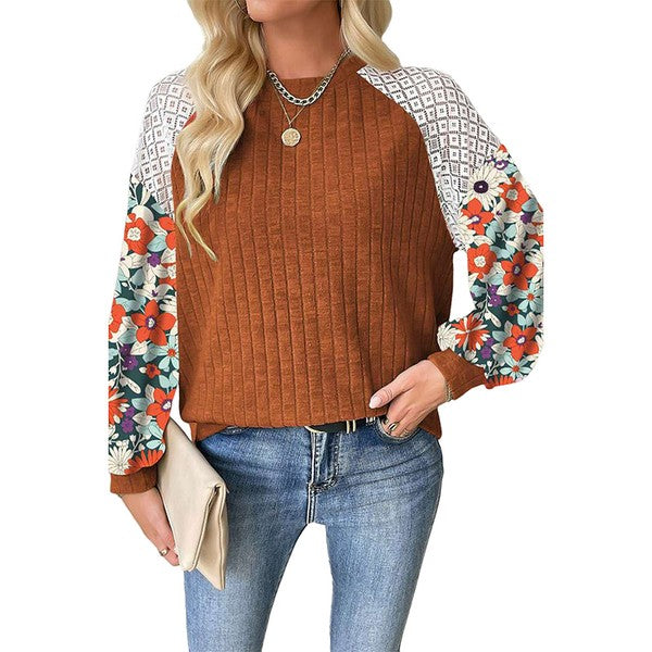Green Floral Patchwork Long Sleeve Ribbed Blouse