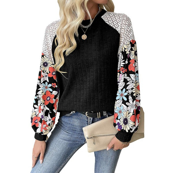 Green Floral Patchwork Long Sleeve Ribbed Blouse