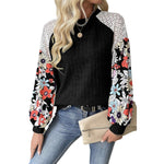 Green Floral Patchwork Long Sleeve Ribbed Blouse