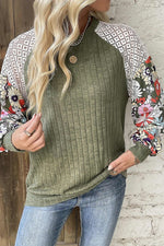 Green Floral Patchwork Long Sleeve Ribbed Blouse