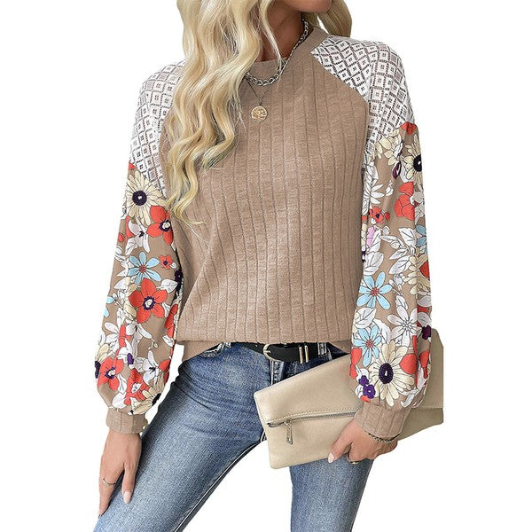 Green Floral Patchwork Long Sleeve Ribbed Blouse