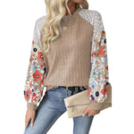 Green Floral Patchwork Long Sleeve Ribbed Blouse