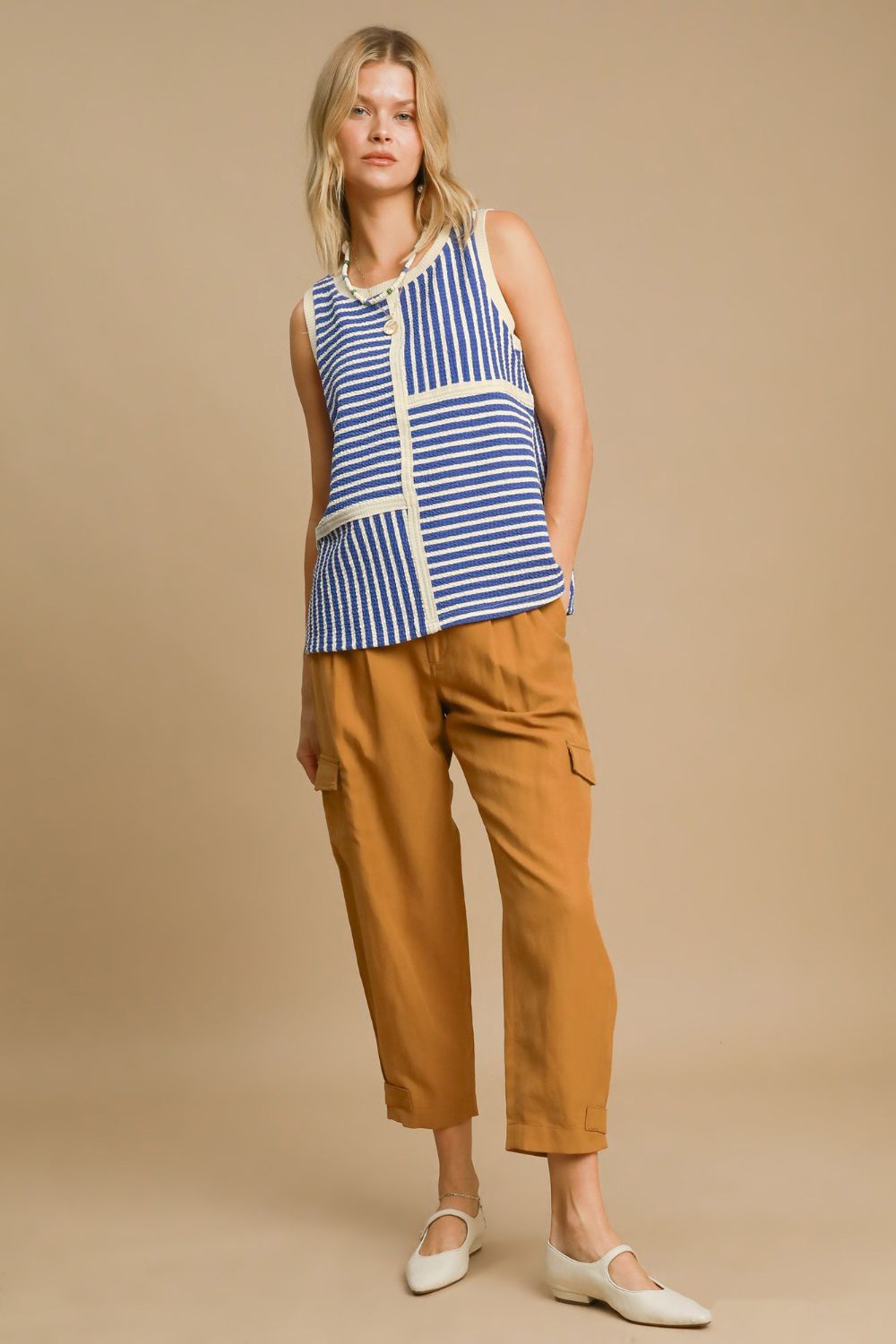 Umgee Round Neck Texture Striped Tank - Blue