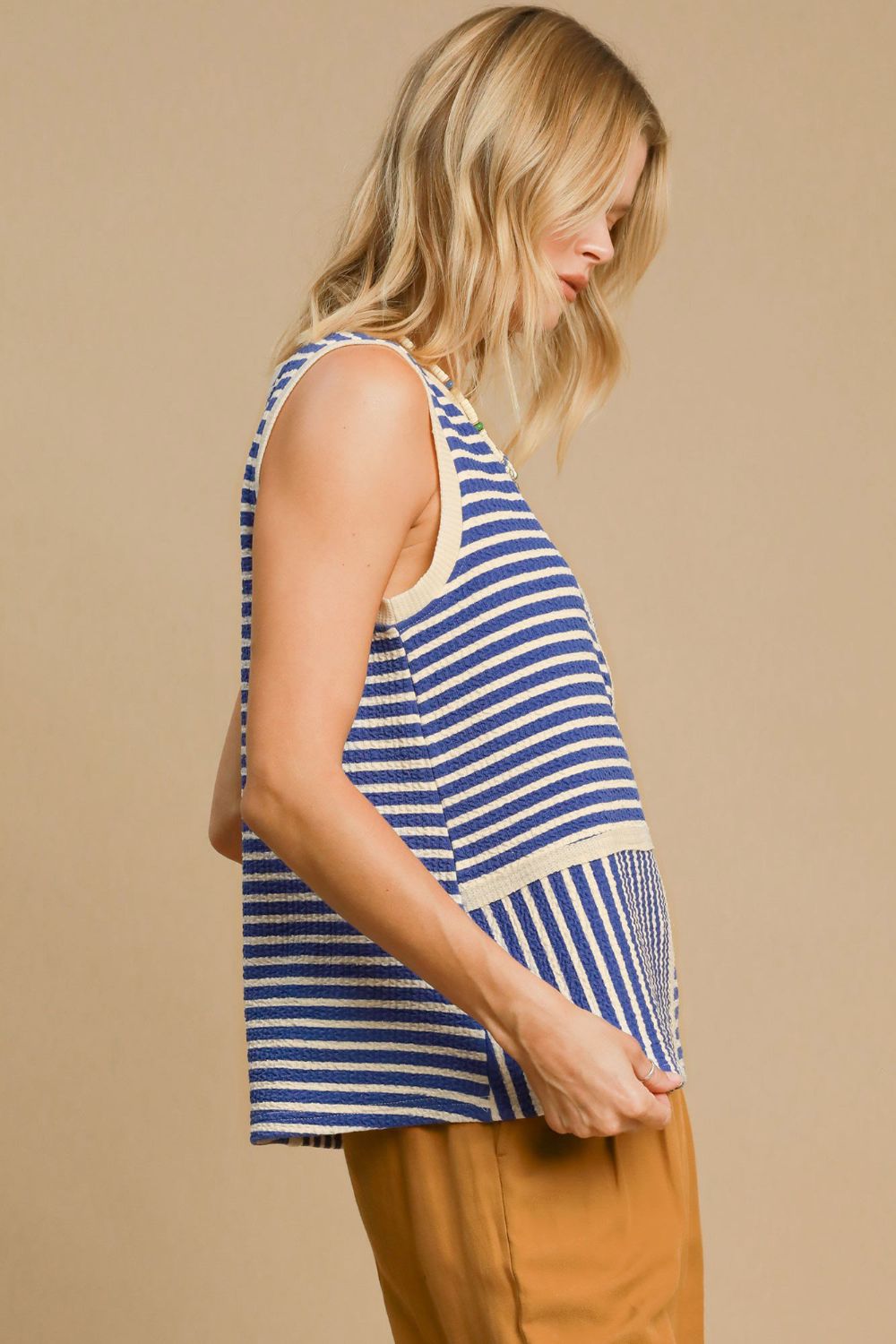 Umgee Round Neck Texture Striped Tank - Blue