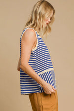 Umgee Round Neck Texture Striped Tank - Blue