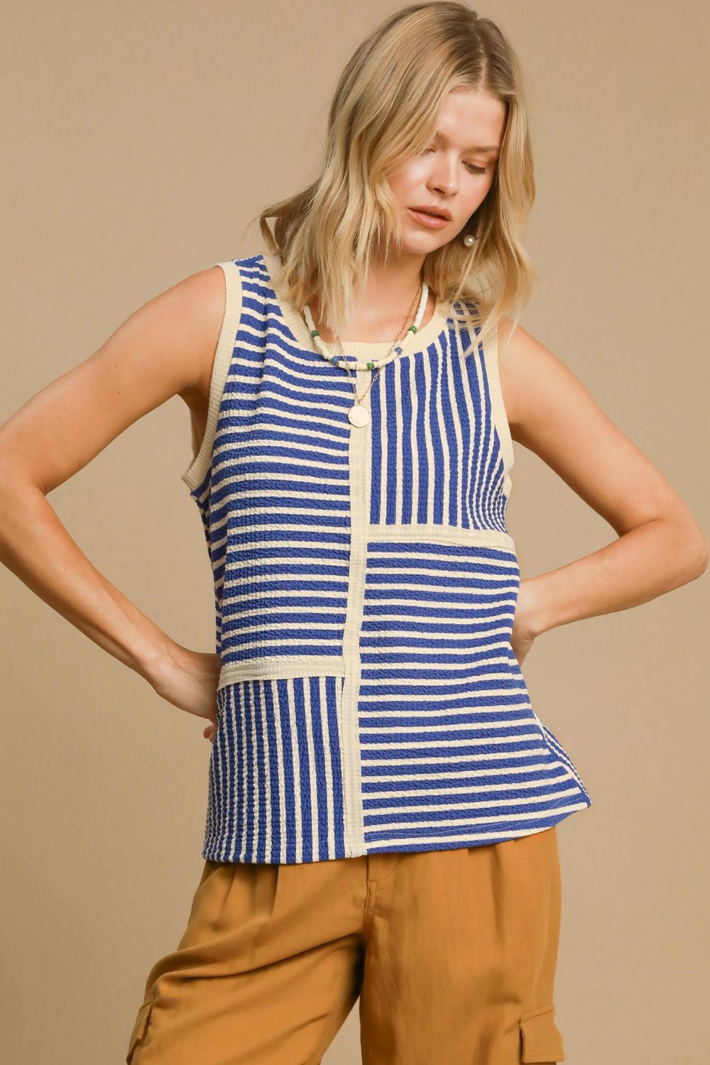 Umgee Round Neck Texture Striped Tank - Blue