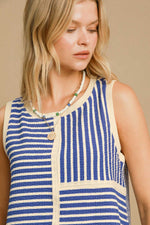Umgee Round Neck Texture Striped Tank - Blue