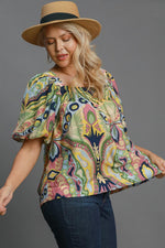 Umgee Full Size Abstract Print Smocked Square Neck Puff Sleeve Blouse