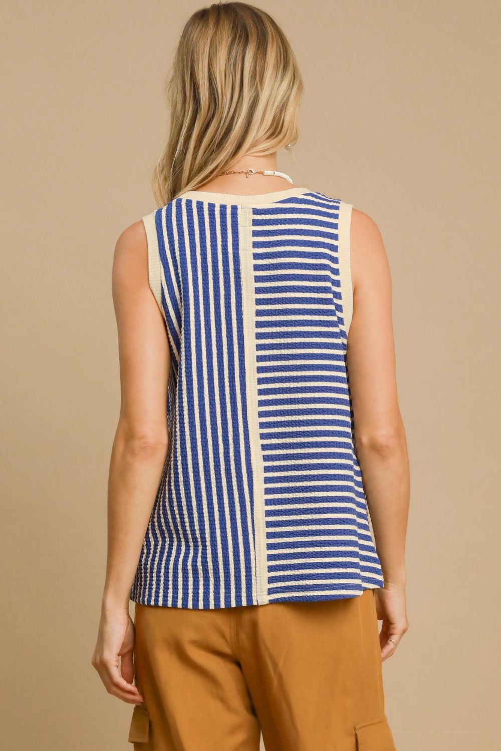 Umgee Round Neck Texture Striped Tank - Blue