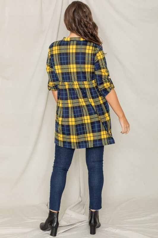 Plaid Empire Waist Tab Sleeve Tunic