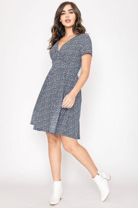 Ditsy Surplice Fit and Flare Midi Dress