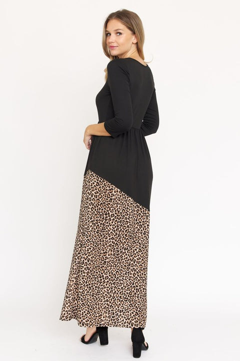 Asymmetrical Leopard Accent Maxi Dress