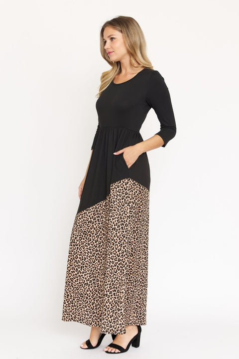 Asymmetrical Leopard Accent Maxi Dress