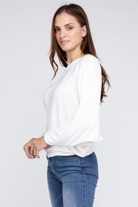 Ribbed Batwing Long Sleeve Boat Neck Sweater