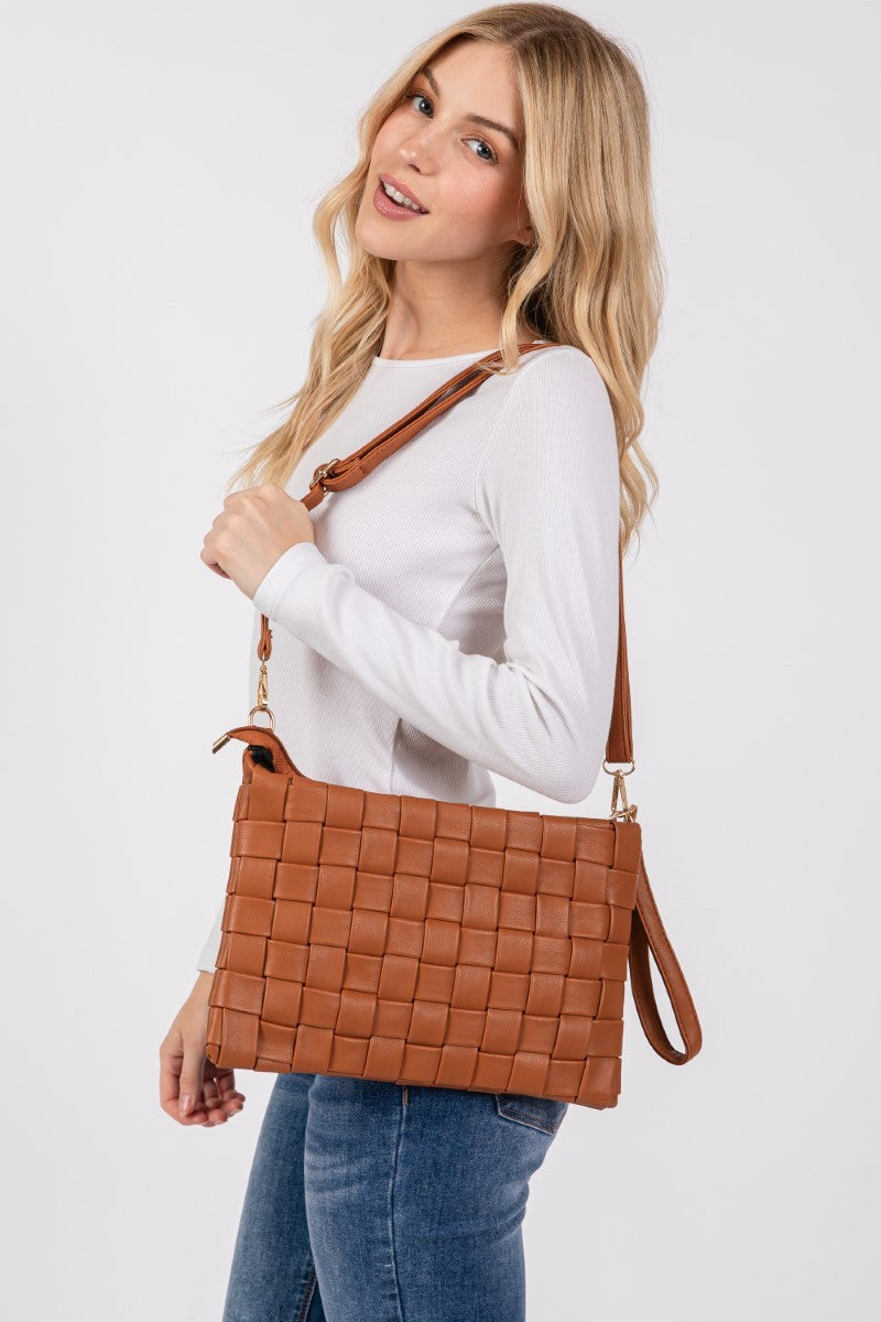 Fame Faux Leather Basket WeaveCrossbody Bag