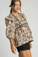 Umgee Ruffled Tie Neck Puff Sleeve Babydoll Blouse